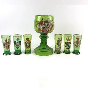 Armorial Bohemian Glass Chalice w/ Six  Pint Glasses Hand Painted Crests